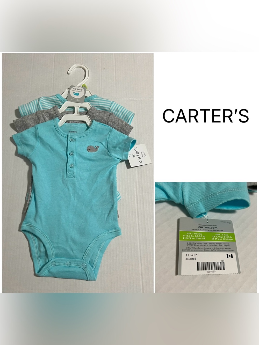 CARTER’S - 3M - NWT - INFANT BOYS 3PK TEAL BLUE WHALE ONESIES / BODYSUITS